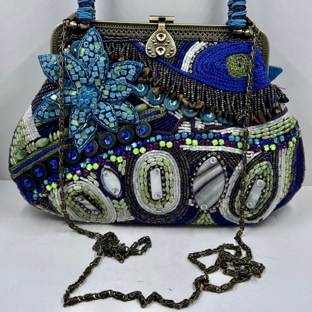 Chico's Beaded Purse in Blue Aqua and Turquoise Satchel Shoulder Crossbody - Picture 3 of 6